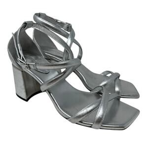 Jimmy Choo Rheea Metallic Block Heel Sandals Womens Size 37 US 7 Silver *READ